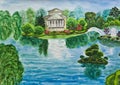 Hand painted picture, house with lake