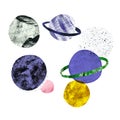 Hand painted planets, isolated. Cosmos galaxy illustration, stars set, collage style. On white background