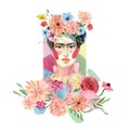 Hand painted portrait of a Mexican woman with bright bouquet. Female figure with flowers. Frida Kahlo with a wreath of flowers.