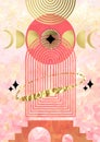 Hand painted poster collage in trendy pink, coral, golden foil. Abstract graphic arches, stairs, mystical sun and moon Royalty Free Stock Photo