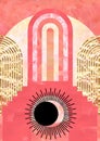 Hand painted poster collage in trendy pink, coral, golden foil. Abstract graphic arches, stairs, mystical sun and moon Royalty Free Stock Photo