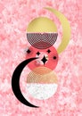 Hand painted poster collage in trendy pink, coral, golden foil. Abstract graphic arches, stairs, mystical sun and moon