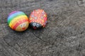 Hand Painted Rainbow Love Bug Rocks on Natural Wood Background