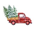 Hand painted red buffalo check Christmas pickup truck set and holiday fir trees with snow on branches. Watercolor winter Royalty Free Stock Photo