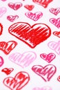 Hand painted red hearts. Pastel chalks Valentine's Day abstract background