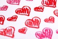 Hand painted red hearts. Pastel chalks Valentine's Day abstract background