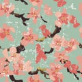 Hand painted sakura seamless pattern on turquoise background