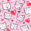 Hand painted seamless pattern with cute kittens. Watercolor bright cartoon cats on the white background. Lovely texture.