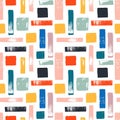 Hand painted seamless pattern with various abstract shapes, brush strokes, squares, color blocks. Grunge texture. Royalty Free Stock Photo
