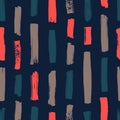 Hand painted seamless pattern with vibrant vertical paint traces on black background. Abstract backdrop with rough brush