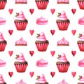 Hand painted seamless pattern with watercolor muffin, cake, marshmallow and red heart