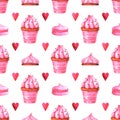 Hand painted seamless pattern with watercolor muffin, cake, marshmallow and red heart