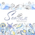 Hand painted seashells horizontal border. Watercolor decorative summer background. Original hand drawn illustration Royalty Free Stock Photo