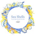Hand painted seashells round frame. Watercolor decorative summer background. Royalty Free Stock Photo