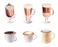 Hand painted Set with Cup of Coffee Latte and Glass of chocolate mocha coffee isolated on white background Royalty Free Stock Photo