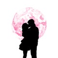 Hand painted Silhouette of couple kissing and watercolor pink full moon behind, on white background