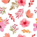 Hand Painted Simple Watercolor Flowers Seamless Pattern Isolated White Background