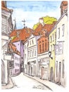 Hand painted sketch of street in old european town