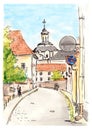 Hand painted sketch of Vilnius town street