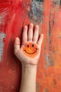 Hand with a painted smiley face against a vibrant abstract red and orange background. Royalty Free Stock Photo