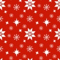 Hand painted snowflakes and stars seamless pattern with red background. Classic Scandinavian print