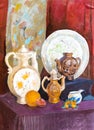 hand-painted still life with decorative jugs, dish