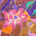 Hand painted stylized flower on silk batik scarf Royalty Free Stock Photo