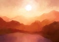 Hand painted sunset mountains landscape