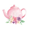 Pastel Pink Teapot Flowers Watercolor Foliage Afternoon Tea Floral Arrangement