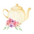 Pastel Teapot Flowers Watercolor Foliage Afternoon Tea Floral Arrangement