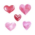 Hand painted valentines day hearts collection. Watercolor pink and red hearts illustration, isolated Royalty Free Stock Photo