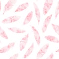 Hand painted vector feathers seamless pattern on white background. Textured pink boho decoration. Royalty Free Stock Photo