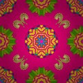 Hand painted vector mandala, colored on magenta, yellow and green colors, indian peacock, indian pattern, colored mandala, mandala