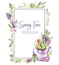 Hand painted vertical frame with Hyacinths flowers, leaves and watering can. Spring rustic watercolor illustration in