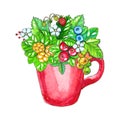 Hand painted watecolor illustration with berries and leaves in red cup