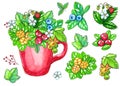 Hand painted watecolor illustration with berries and leaves in red cup