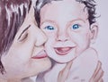 Hand painted watecolor portrait of lovely family mother and bab