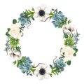 Hand-painted Watercolor Anemones And Succulents Wreath