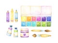 Hand painted watercolor art supplies set of isolated items on white background, including paint palette, pencils, paint tubes