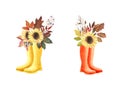 Hand painted watercolor Autumn Bouquet with flowers, leaves and yellow rubber boots Royalty Free Stock Photo