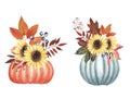 Hand painted Watercolor Autumn Bouquet set with leaves, berries, flowers in pumpkins isolated on white background Royalty Free Stock Photo