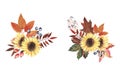 Hand painted watercolor Autumn Bouquet set with sunflower, leaves and berries Royalty Free Stock Photo