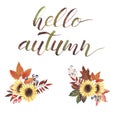 Hand painted watercolor Autumn Bouquet set with sunflower, leaves and berries Royalty Free Stock Photo