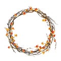 Hand painted watercolor autumn wreath made with tree branches, bittersweet orange berries. Fall illustration