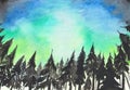 Hand painted watercolor background. Landscape with aurora polaris lights. Dark spruce trees silhouettes on starry sky background.