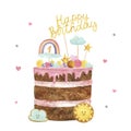 hand painted watercolor birthday cake with topper vector design illustration Royalty Free Stock Photo