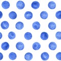 Hand painted watercolor blue polka dot seamless pattern on the white background.
