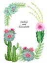 Hand painted watercolor cactus and succulent plants wreath frame banner invitation card Royalty Free Stock Photo