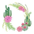 Hand painted watercolor cactus and succulent plants wreath frame banner invitation card Royalty Free Stock Photo