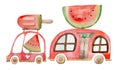 Hand-Painted Watercolor Of Car And Mobile Home Carrying Watermelons And Watermelon Ice Cream On Roof